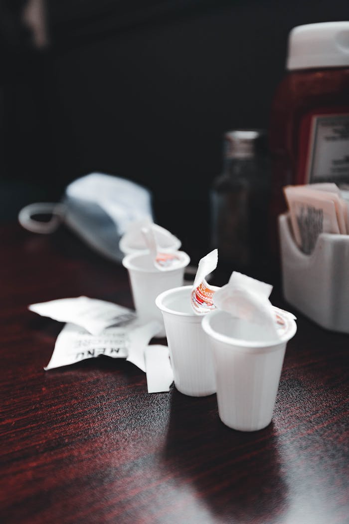 Close-up of disposable coffee creamer cups on a table inside a cafe, with ketchup and seasoning packets.